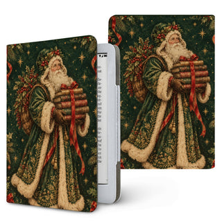 Father Christmas & Books Kindle case — Victorian Father Christmas in a green robe carrying a stack of books, printed front and back
