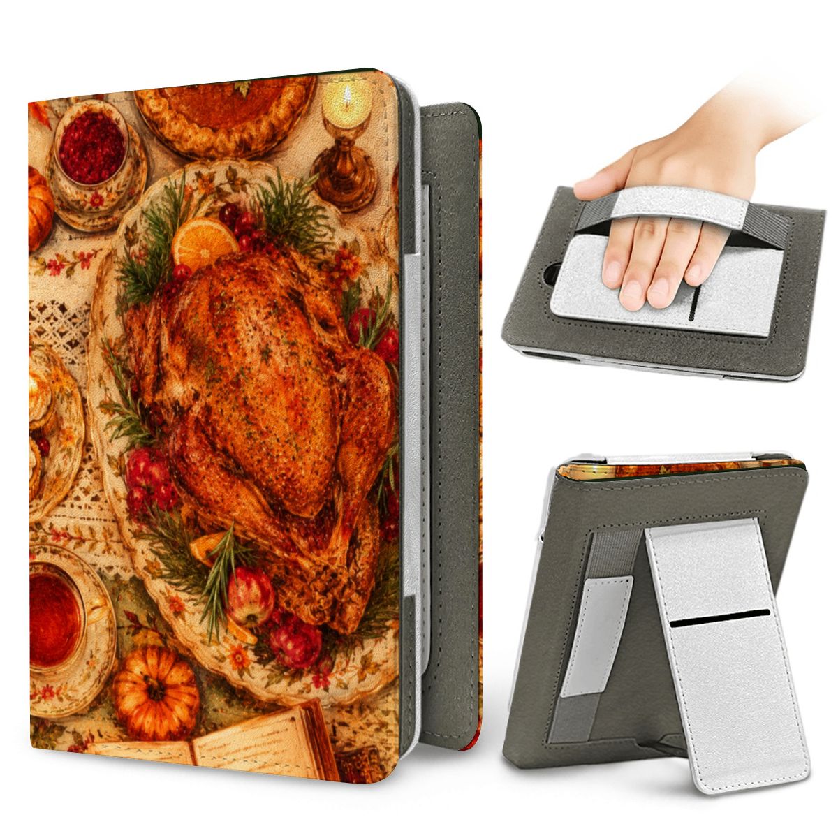 Thanksgiving Table Kindle case — elastic hand strap and fold-out stand on the back