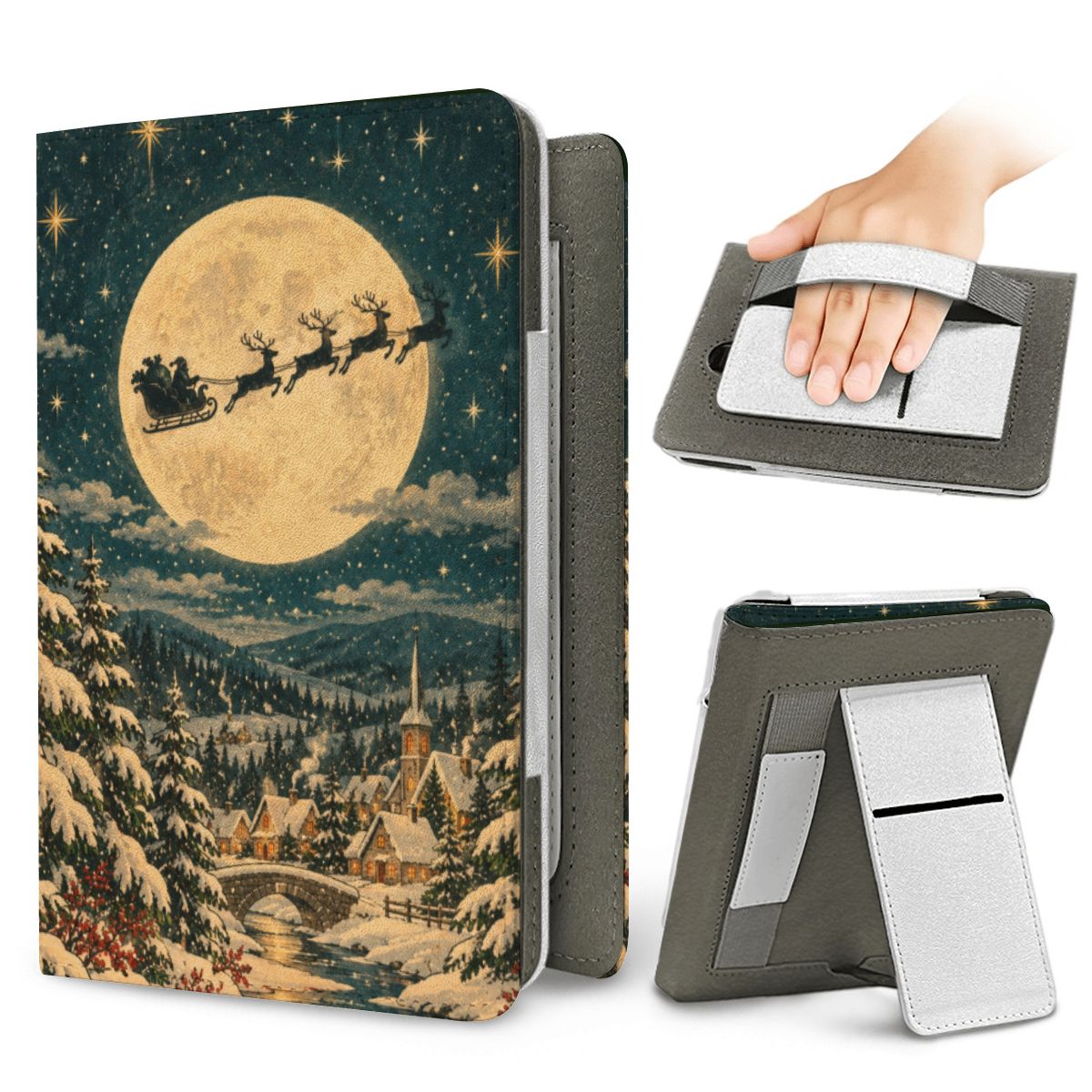 Christmas Eve Sleigh Kindle case — elastic hand strap and fold-out stand on the back