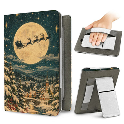 Christmas Eve Sleigh Kindle case — elastic hand strap and fold-out stand on the back