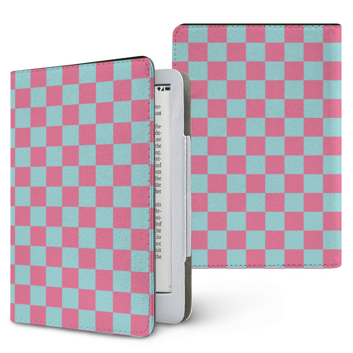 Pink & Mint Check Kindle case — pastel check, printed front and back