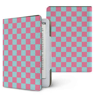 Pink & Mint Check Kindle case — pastel check, printed front and back