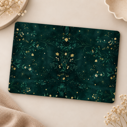 Night Garden Kindle case opened flat, front and back — gold-flecked botanicals on deep emerald green