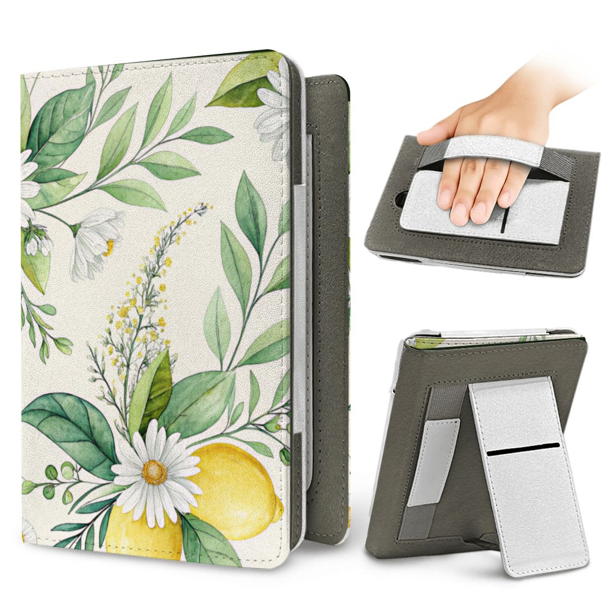 Lemon & Daisy Kindle case — elastic hand strap and fold-out stand on the back
