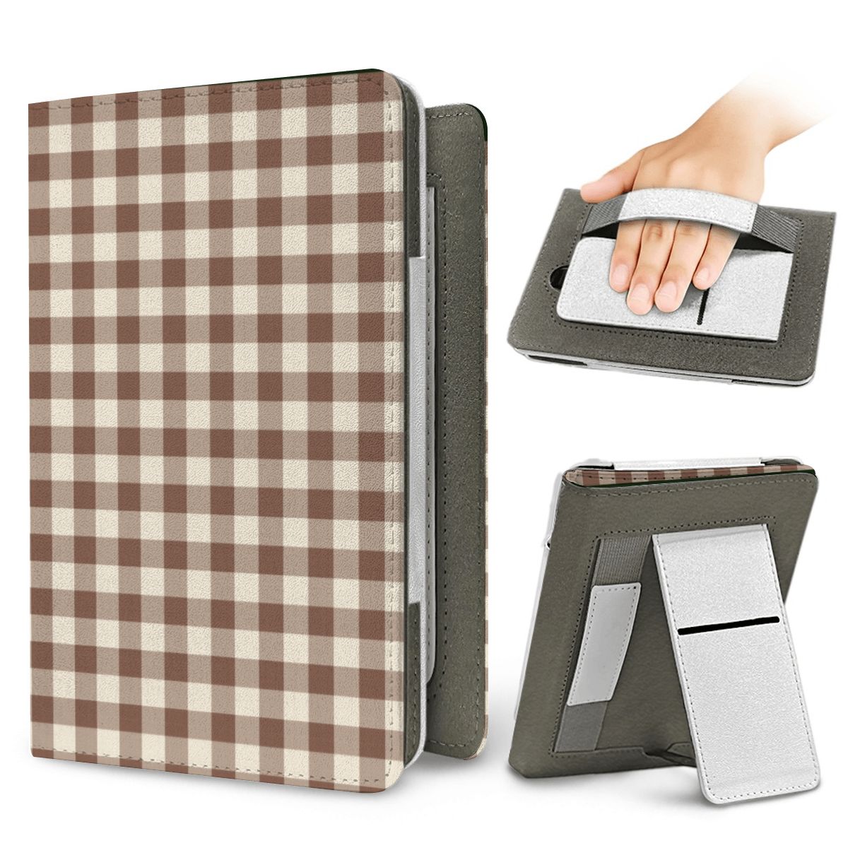 Brown Gingham Kindle case — elastic hand strap and fold-out stand on the back