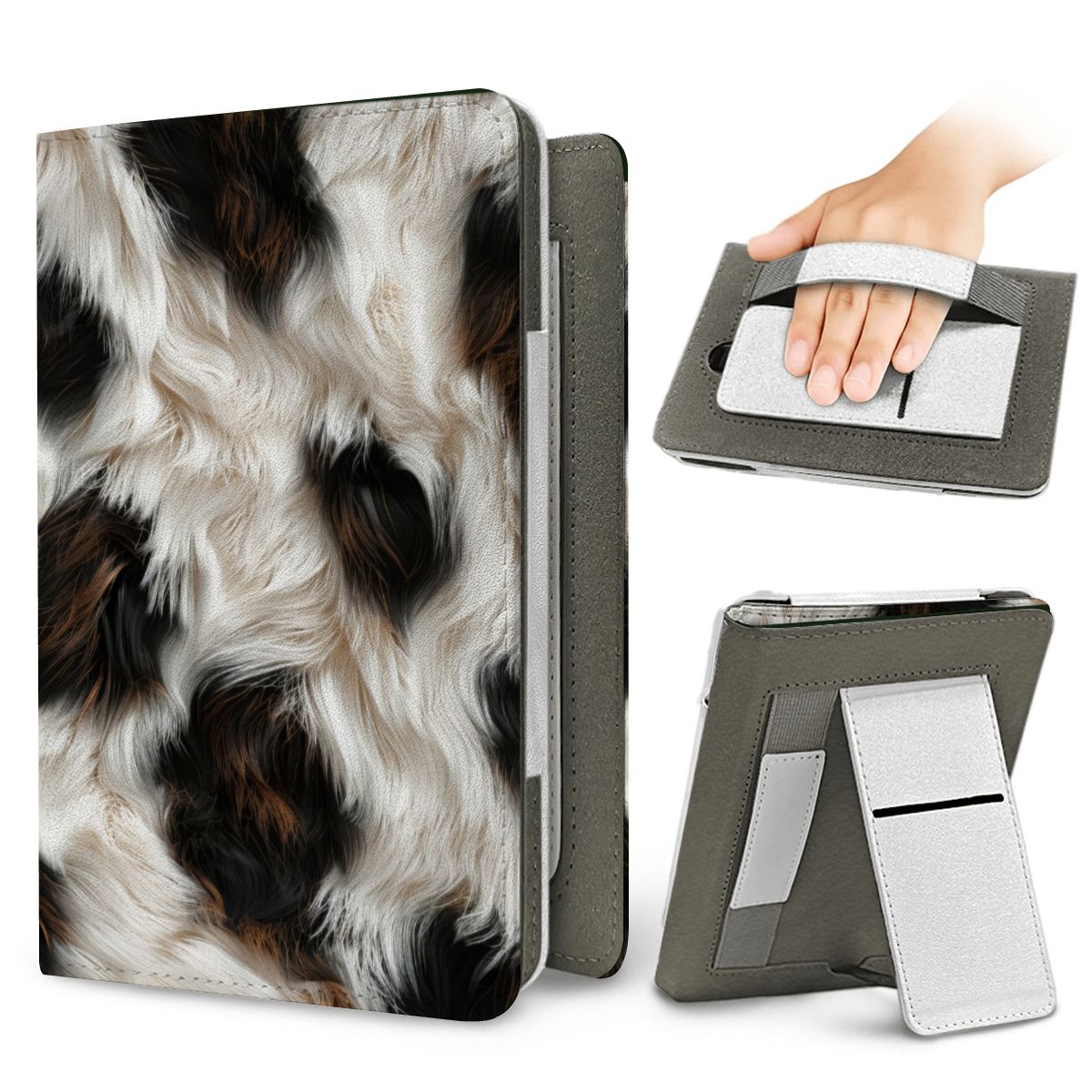 Black Cowhide Kindle case — elastic hand strap and fold-out stand on the back