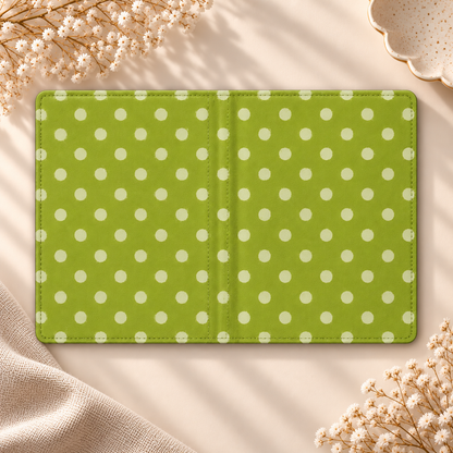 Olive Polka Dot Kindle case opened flat, front and back — pale dots on olive green