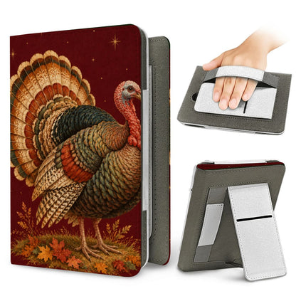 Vintage Turkey Kindle case — elastic hand strap and fold-out stand on the back
