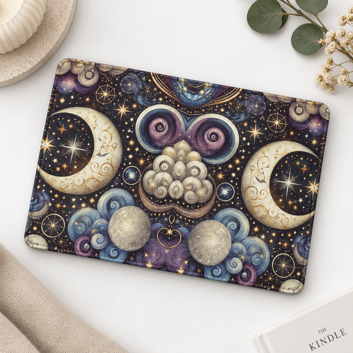 Ornate Crescent Moon Kindle case opened flat, front and back — crescent moons, swirling clouds and gold stars