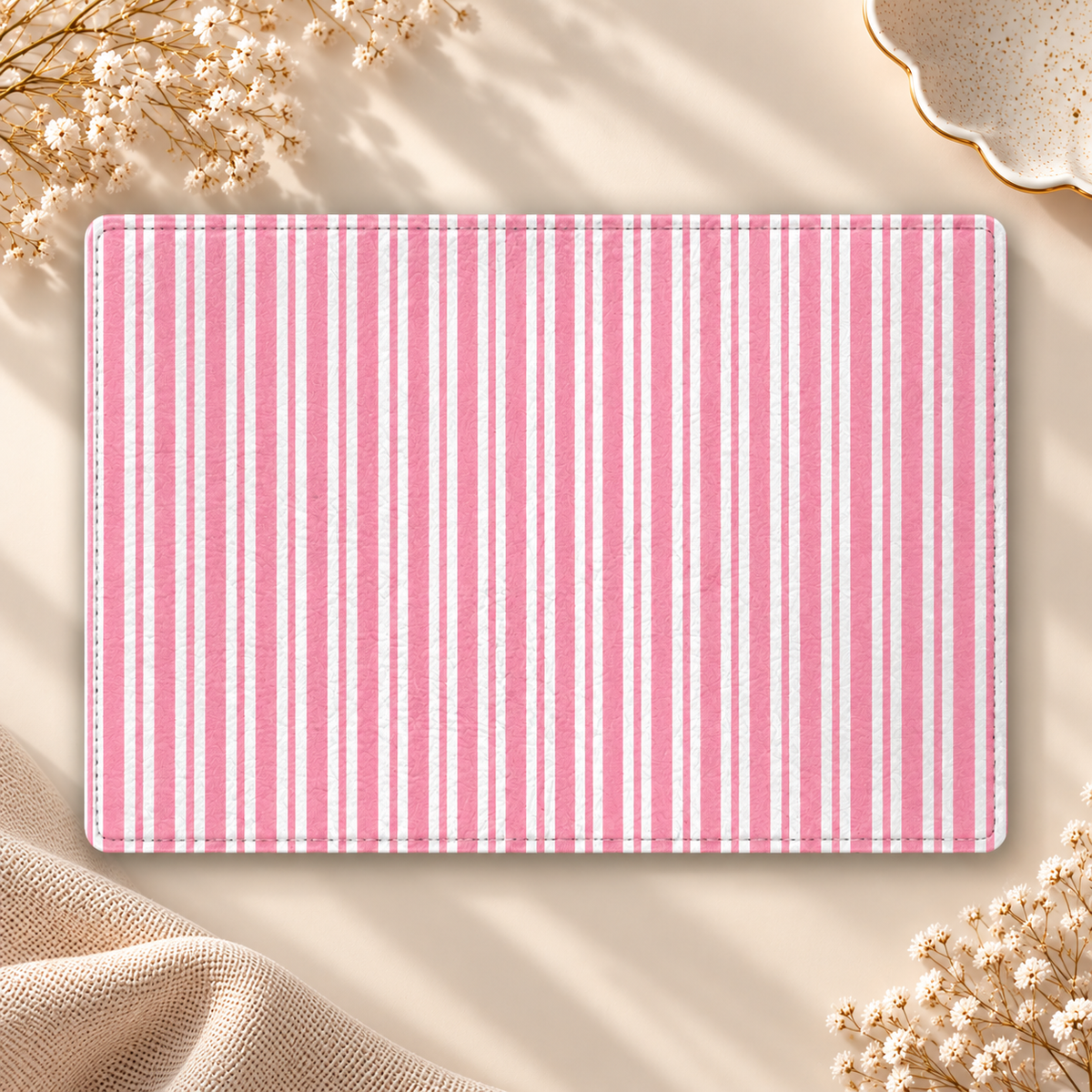 Pink Candy Stripe Kindle case opened flat, front and back — pink and white vertical stripes