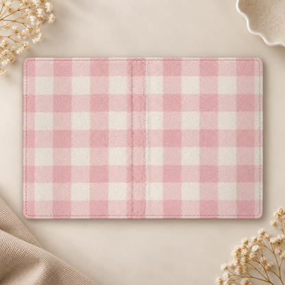 Pink Gingham Cottage Kindle case opened flat, front and back — soft pink and cream gingham check