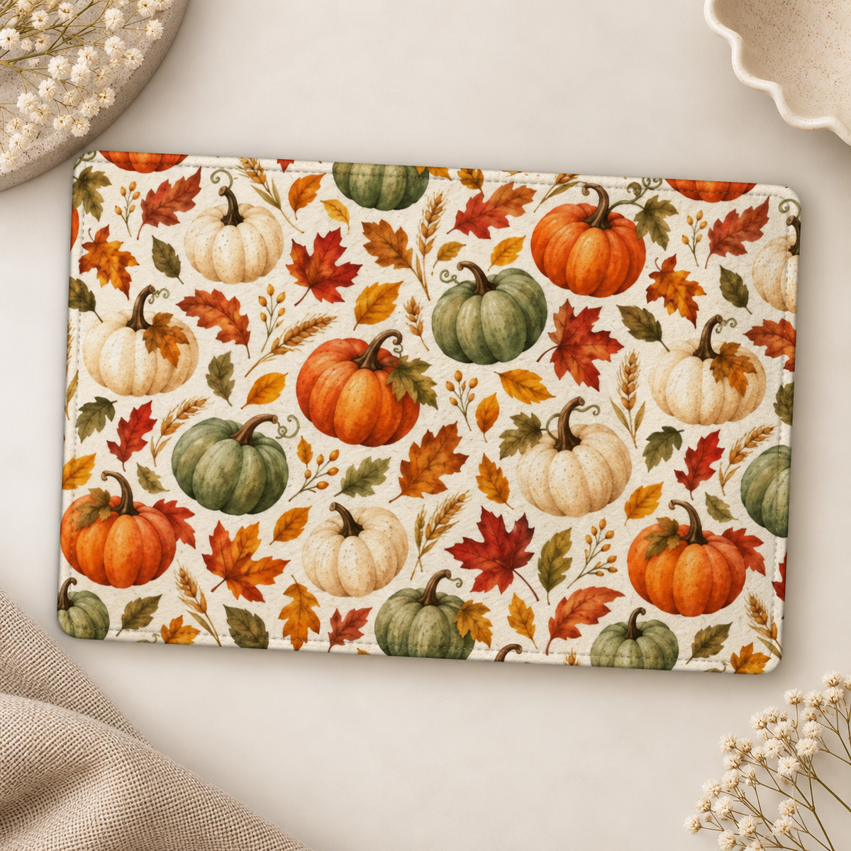 Pumpkin Patch Kindle case opened flat, front and back — orange, white and green pumpkins with fall leaves on cream