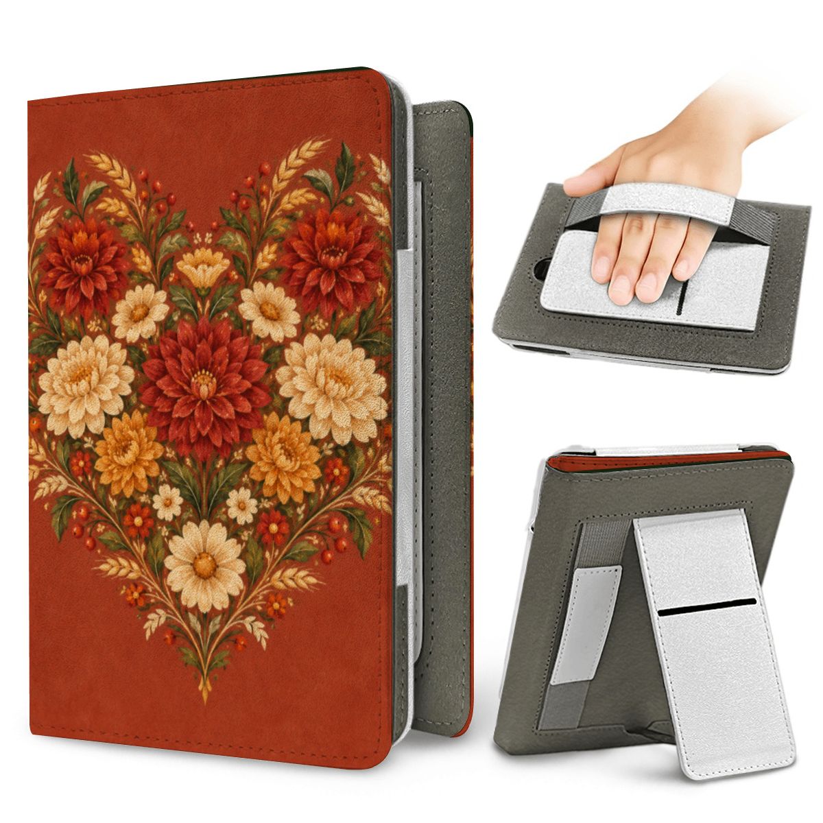 Grateful Hearts Kindle case — elastic hand strap and fold-out stand on the back
