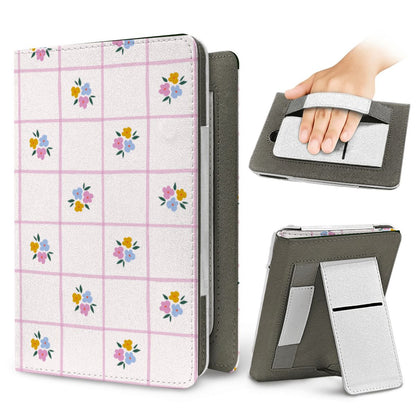 Ditsy Floral Check Kindle case — elastic hand strap and fold-out stand on the back