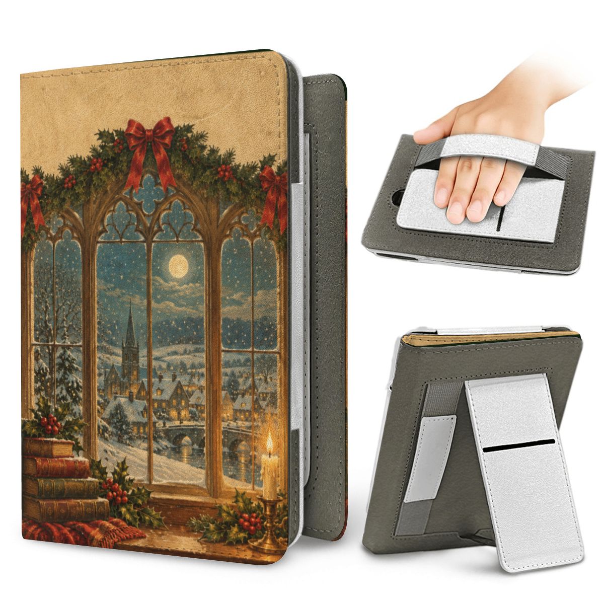 Christmas Library Window Kindle case — elastic hand strap and fold-out stand on the back
