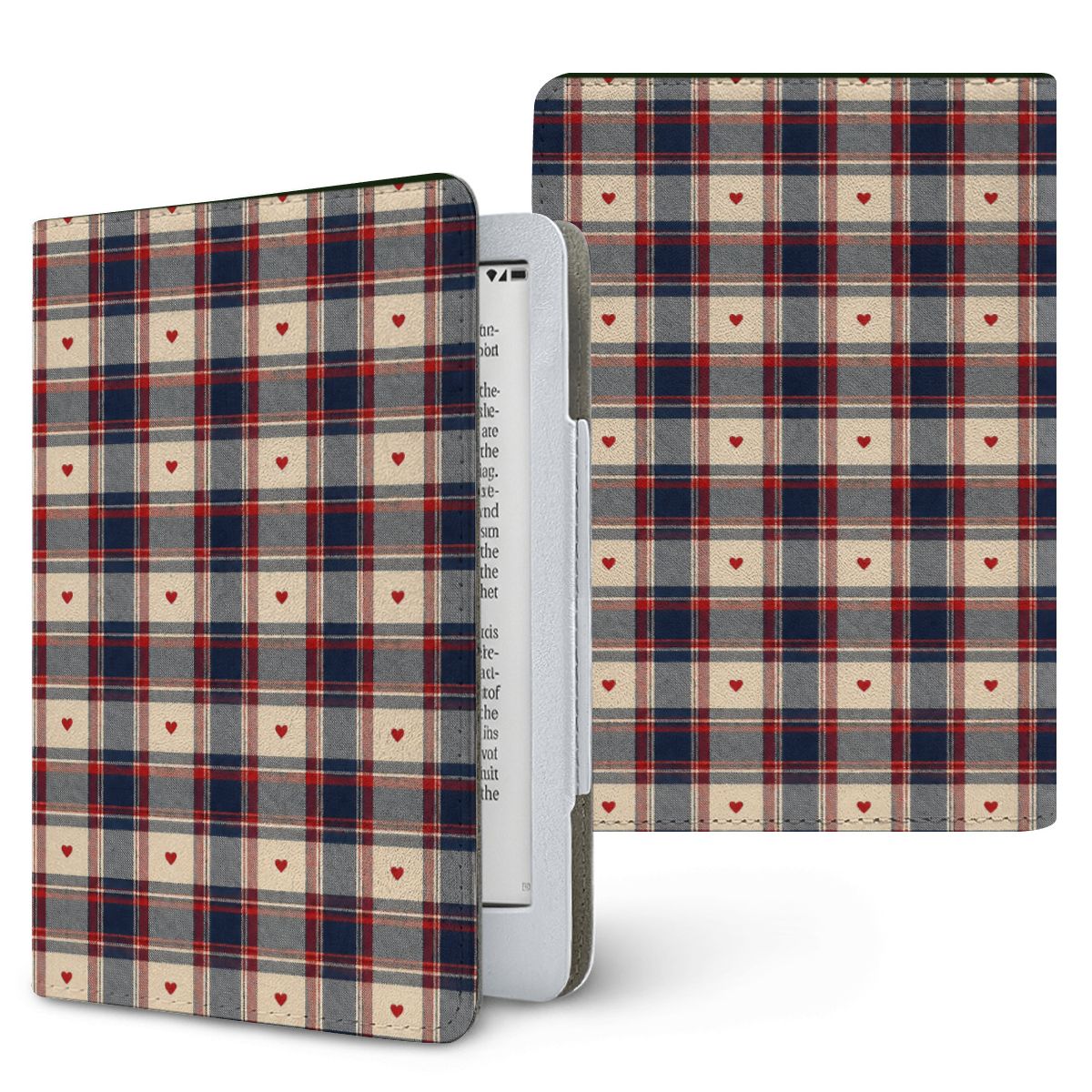 Heart Plaid Kindle case — navy, red and cream plaid with tiny hearts, printed front and back