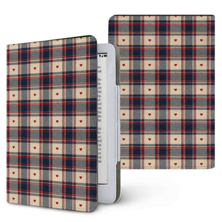 Heart Plaid Kindle case — navy, red and cream plaid with tiny hearts, printed front and back