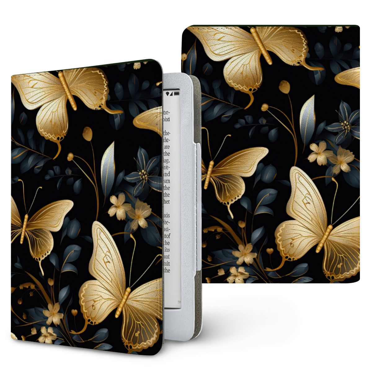 Gilded Butterfly Garden Kindle case — gold & black, printed front and back