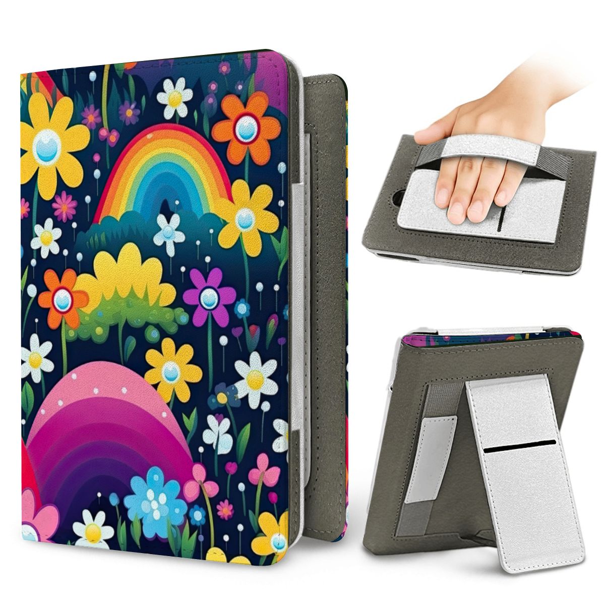 Midnight Rainbow Garden Kindle case — elastic hand strap and fold-out stand on the back