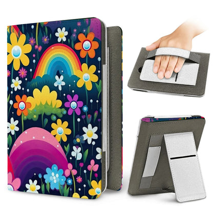 Midnight Rainbow Garden Kindle case — elastic hand strap and fold-out stand on the back