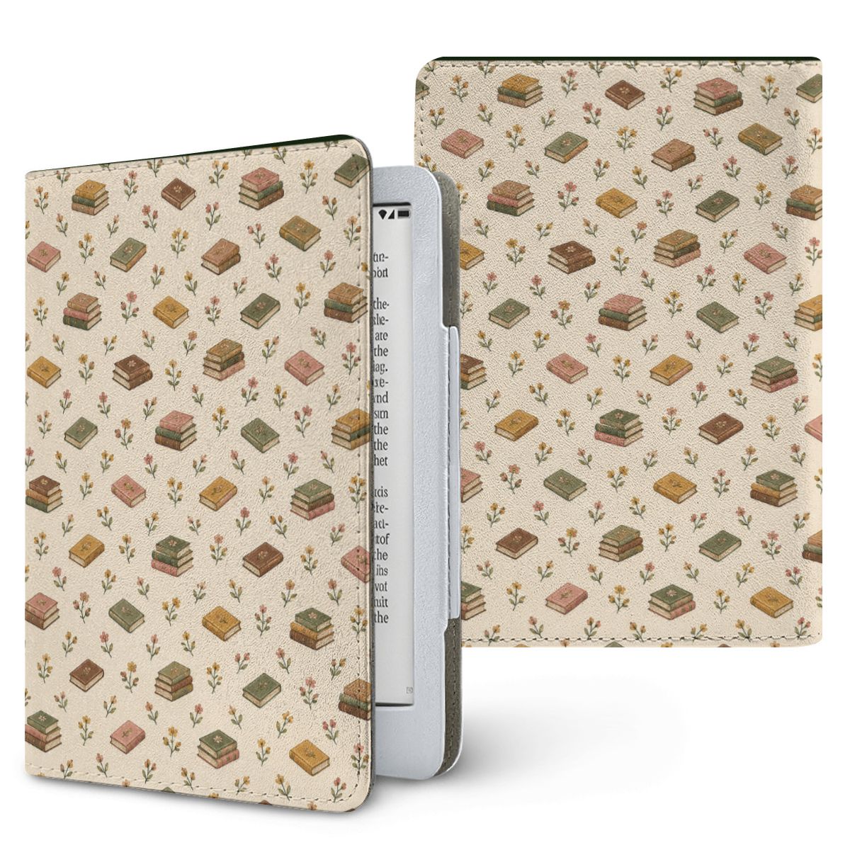 Tiny Books Kindle case — little stacks of vintage books and wildflowers on cream, printed front and back