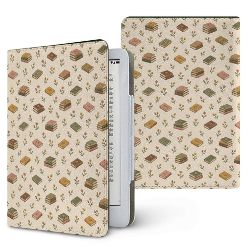 Tiny Books Kindle case — little stacks of vintage books and wildflowers on cream, printed front and back