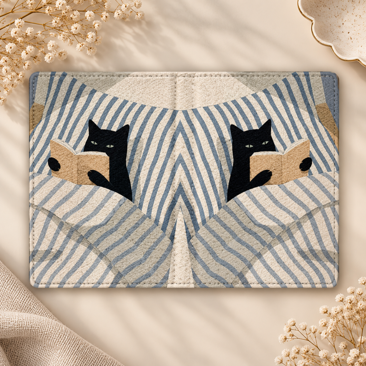 Reading Cat in Bed Kindle case opened flat, front and back — black cat reading under a blue striped blanket