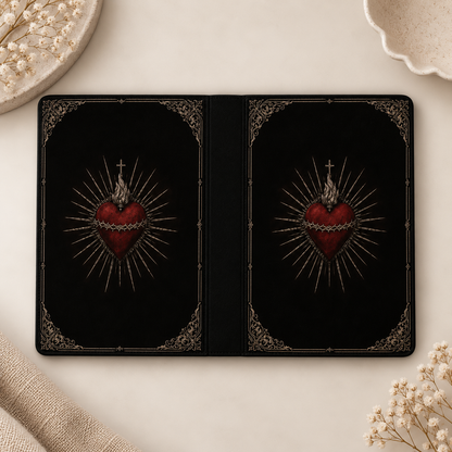 Sacred Heart Kindle case opened flat, front and back — red heart with gold rays on black, ornate border