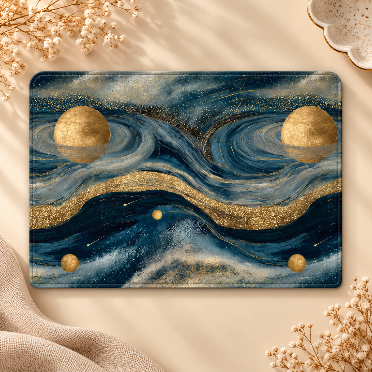 Starry Night Cosmos Kindle case opened flat, front and back — navy swirls, gold moons and a gold glitter band