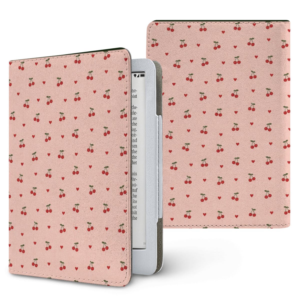 Cherries & Hearts Kindle case — little red cherries and hearts on blush pink, printed front and back