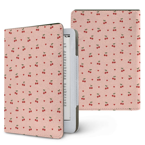 Cherries & Hearts Kindle case — little red cherries and hearts on blush pink, printed front and back
