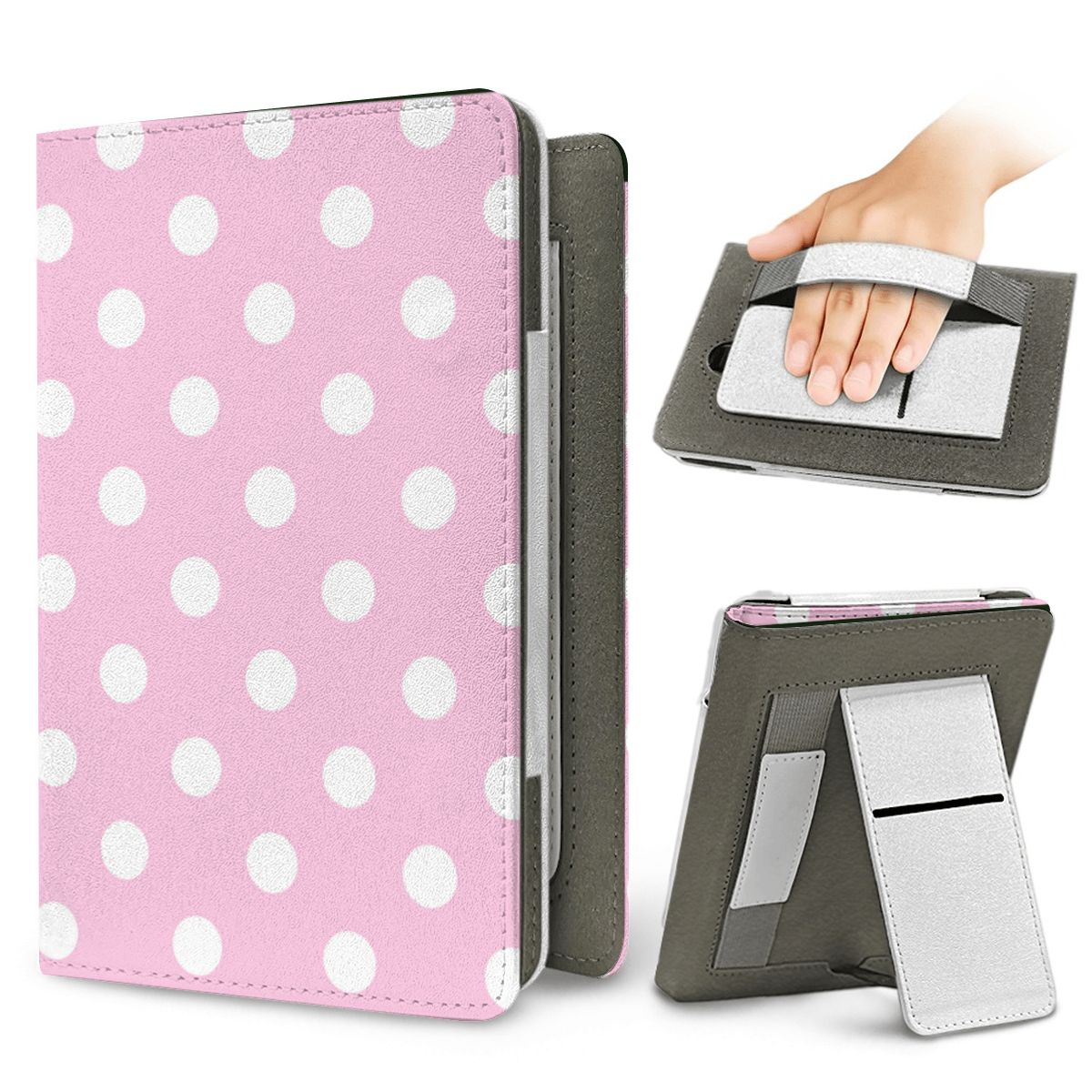 Bubblegum Polka Dot Kindle case — elastic hand strap and fold-out stand on the back
