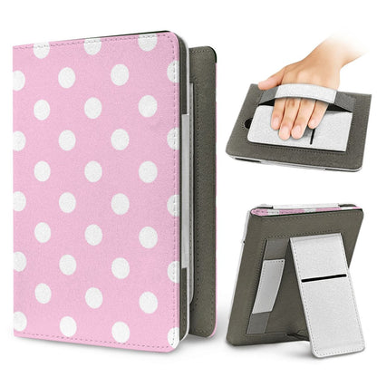 Bubblegum Polka Dot Kindle case — elastic hand strap and fold-out stand on the back