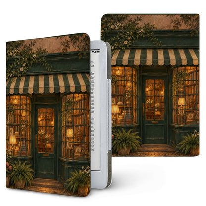 Bookshop at Dusk Kindle case — storybook bookshop at dusk with glowing windows, printed front and back