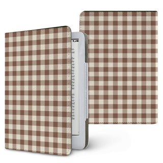 Brown Gingham Kindle case — mocha brown and cream gingham, printed front and back