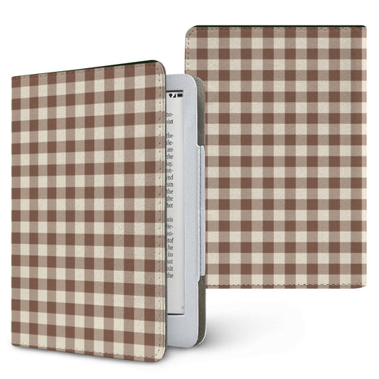 Brown Gingham Kindle case — mocha brown and cream gingham, printed front and back