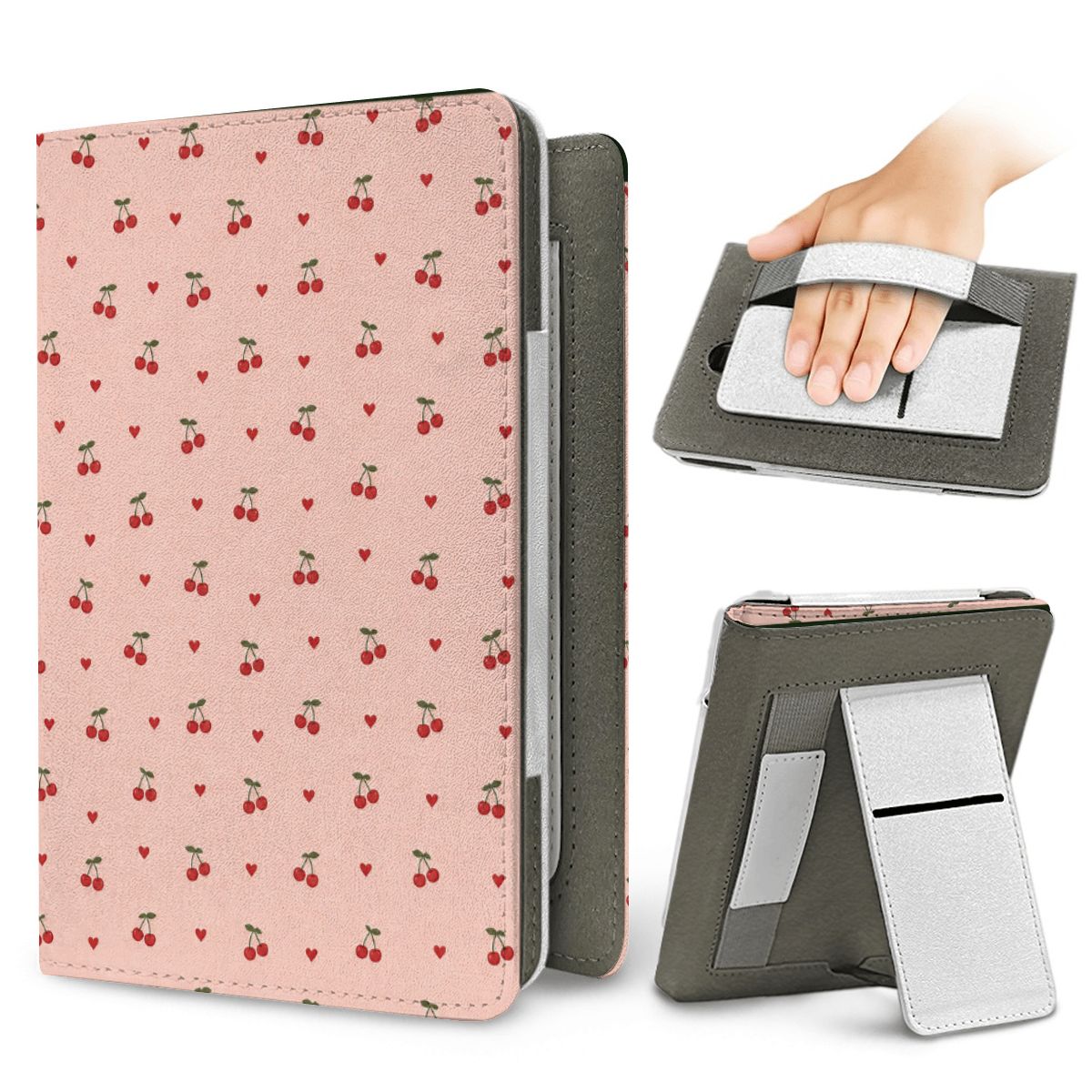 Cherries & Hearts Kindle case — elastic hand strap and fold-out stand on the back