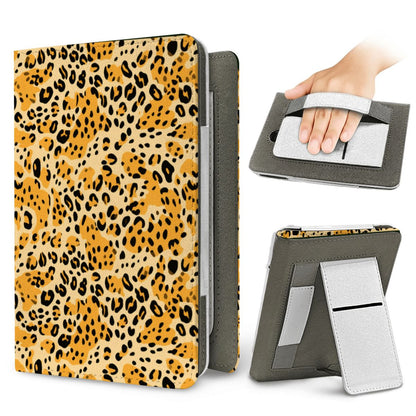 Golden Cheetah Kindle case — elastic hand strap and fold-out stand on the back