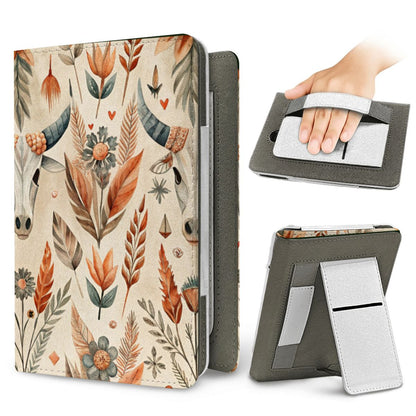 Desert Longhorn Kindle case — elastic hand strap and fold-out stand on the back