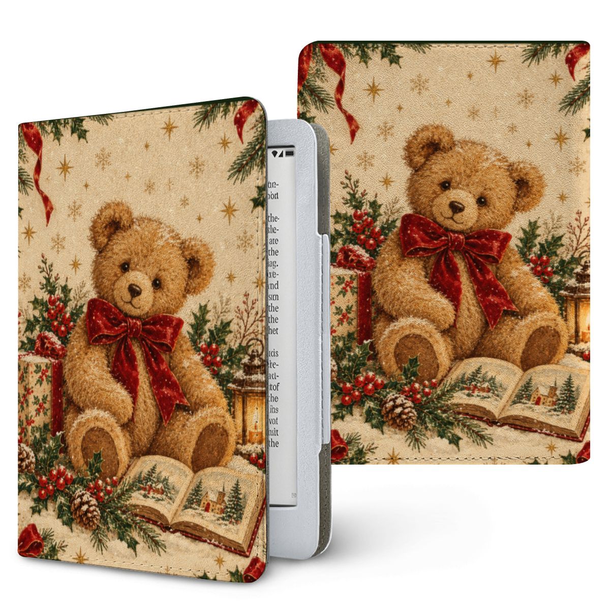 Vintage Teddy Bear Kindle case — plush teddy bear with a red velvet bow, present and storybook, printed front and back