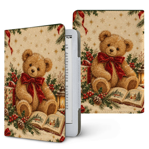 Vintage Teddy Bear Kindle case — plush teddy bear with a red velvet bow, present and storybook, printed front and back