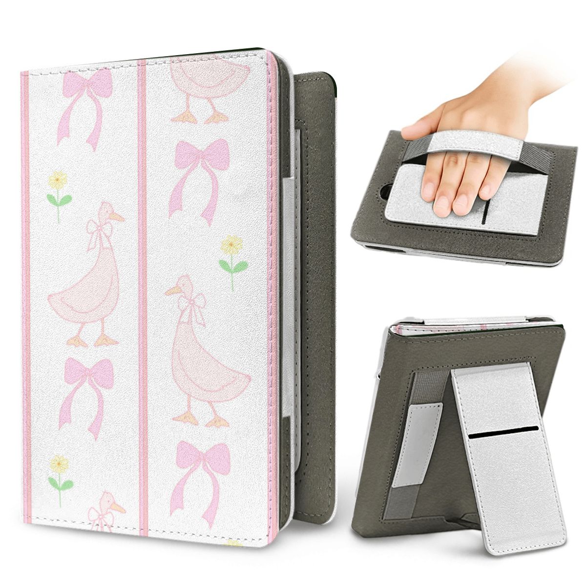 Ribbon Goose Kindle case — elastic hand strap and fold-out stand on the back