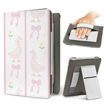 Ribbon Goose Kindle case — elastic hand strap and fold-out stand on the back