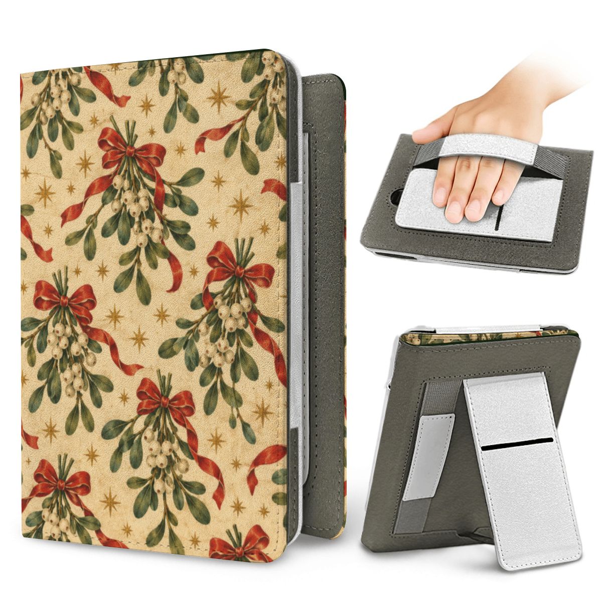 Mistletoe & Ribbons Kindle case — elastic hand strap and fold-out stand on the back