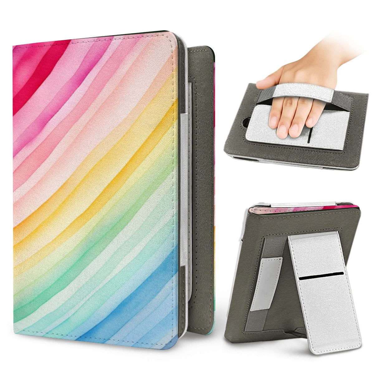 Rainbow Watercolor Stripe Kindle case — elastic hand strap and fold-out stand on the back
