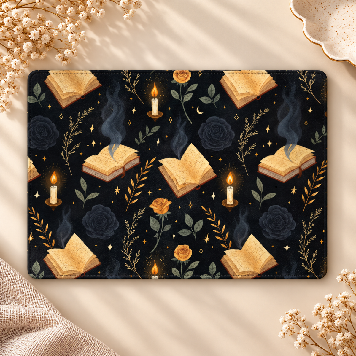 Witchy Academia Kindle case opened flat, front and back — open books, candles, moons and dark roses on black