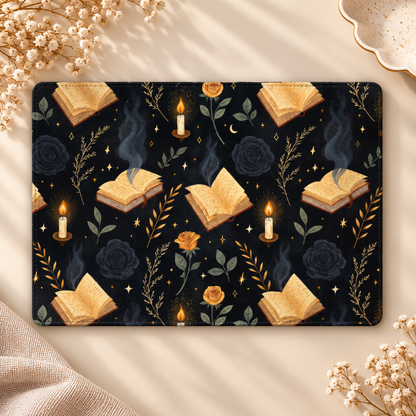 Witchy Academia Kindle case opened flat, front and back — open books, candles, moons and dark roses on black