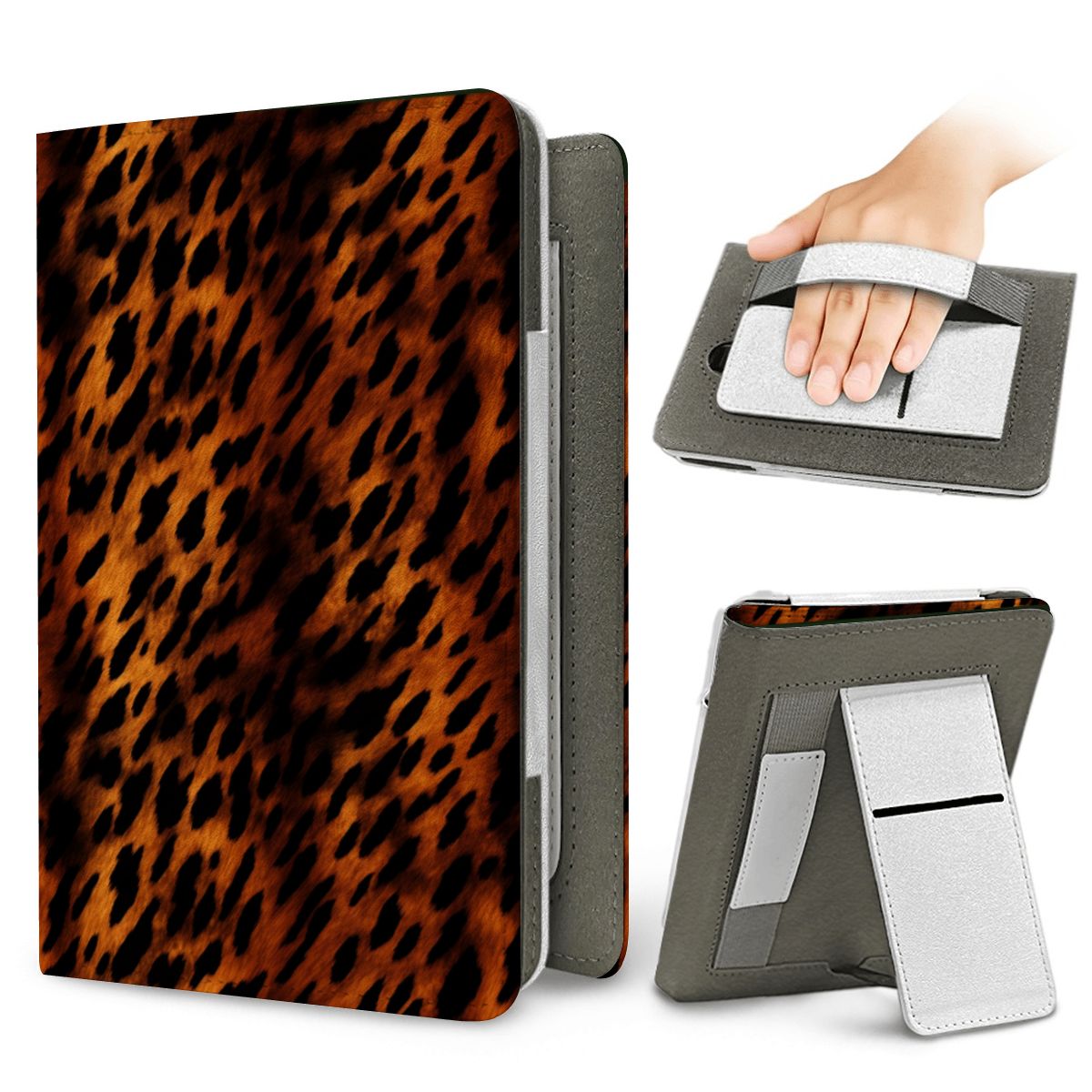 Amber Leopard Kindle case — elastic hand strap and fold-out stand on the back