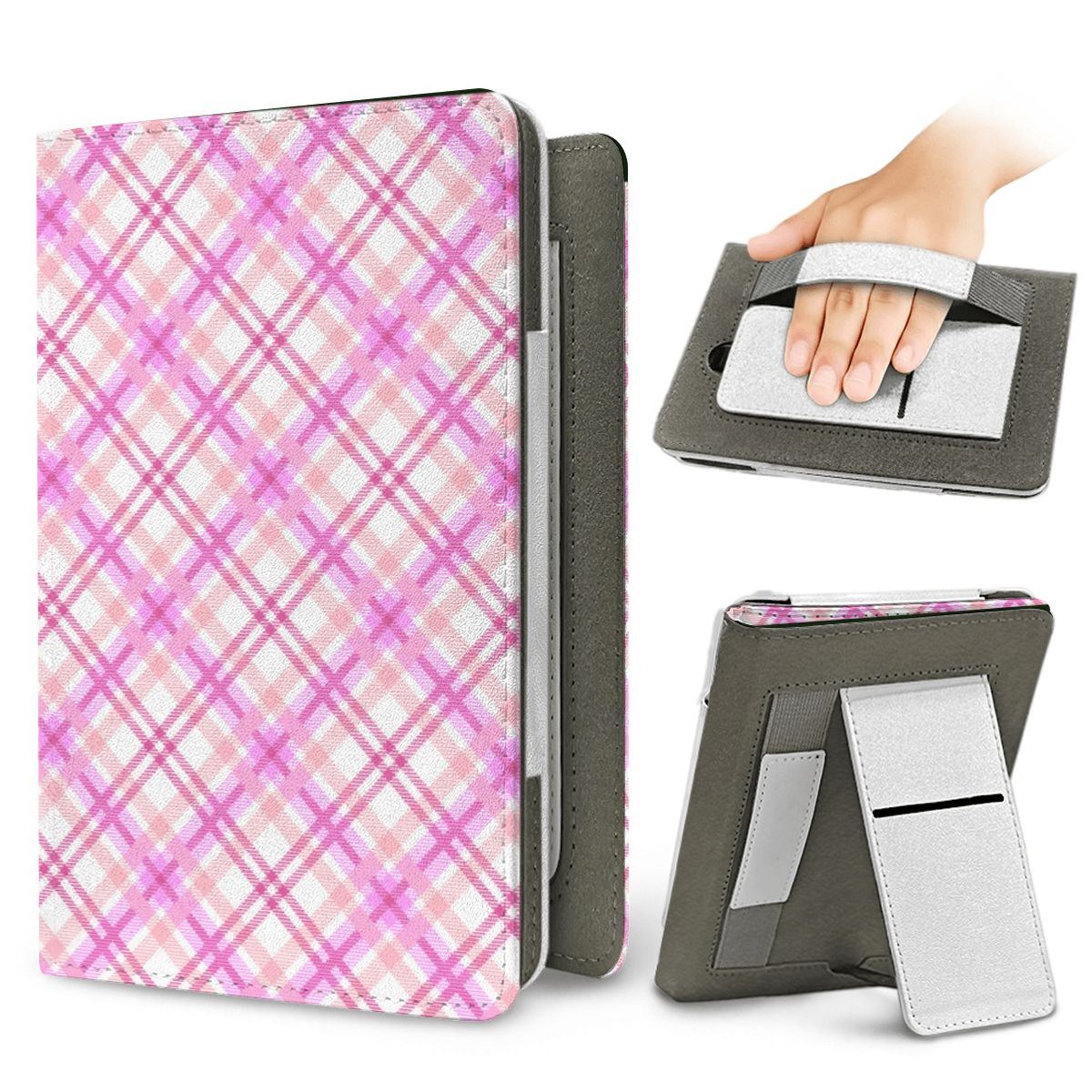 Rose Plaid Kindle case — elastic hand strap and fold-out stand on the back
