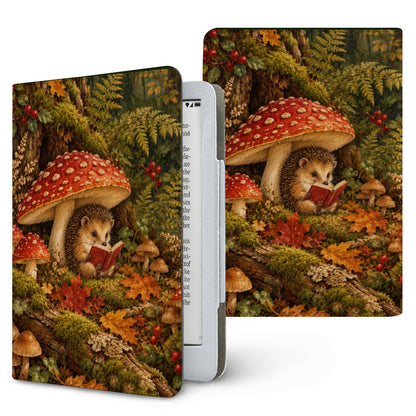 Mushroom Forest Kindle case — hedgehog reading under red mushrooms on a mossy forest floor, printed front and back